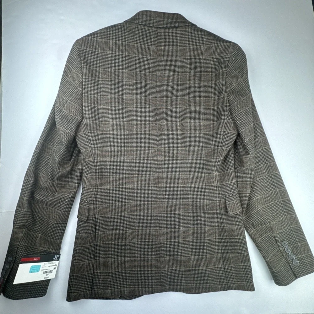 JF J.Ferrar Mens Slim Fit Blazer‎ 36R Brown Glen Plaid Sport Coat Professional